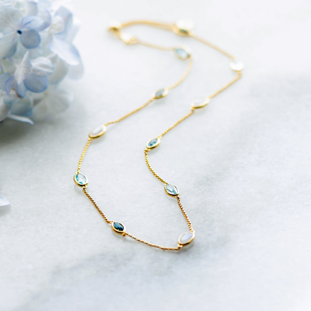 Lola Necklace in Gold with London Blue Topaz, Sky Blue Topaz and  Moonstone
