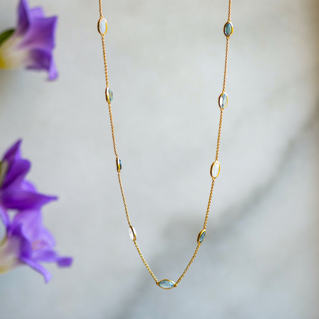 Lola Necklace in Gold with London Blue Topaz, Sky Blue Topaz and  Moonstone