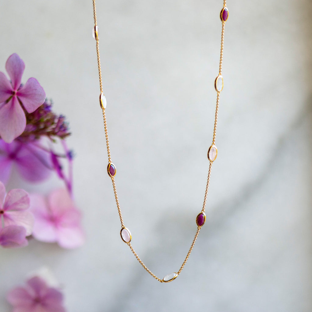 Lola Necklace in Gold with Ruby, Rose Quartz and Moonstone