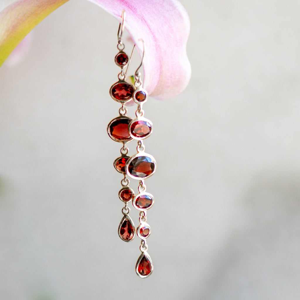 Cascade Earrings in Silver with Garnet