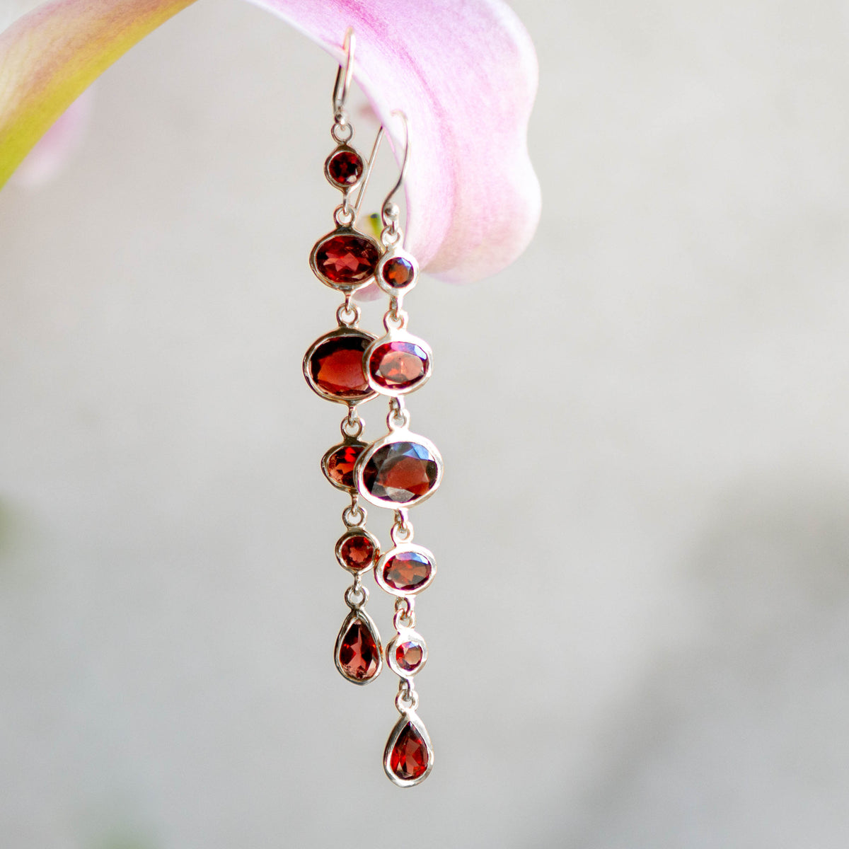 Cascade Earrings in Silver with Garnet
