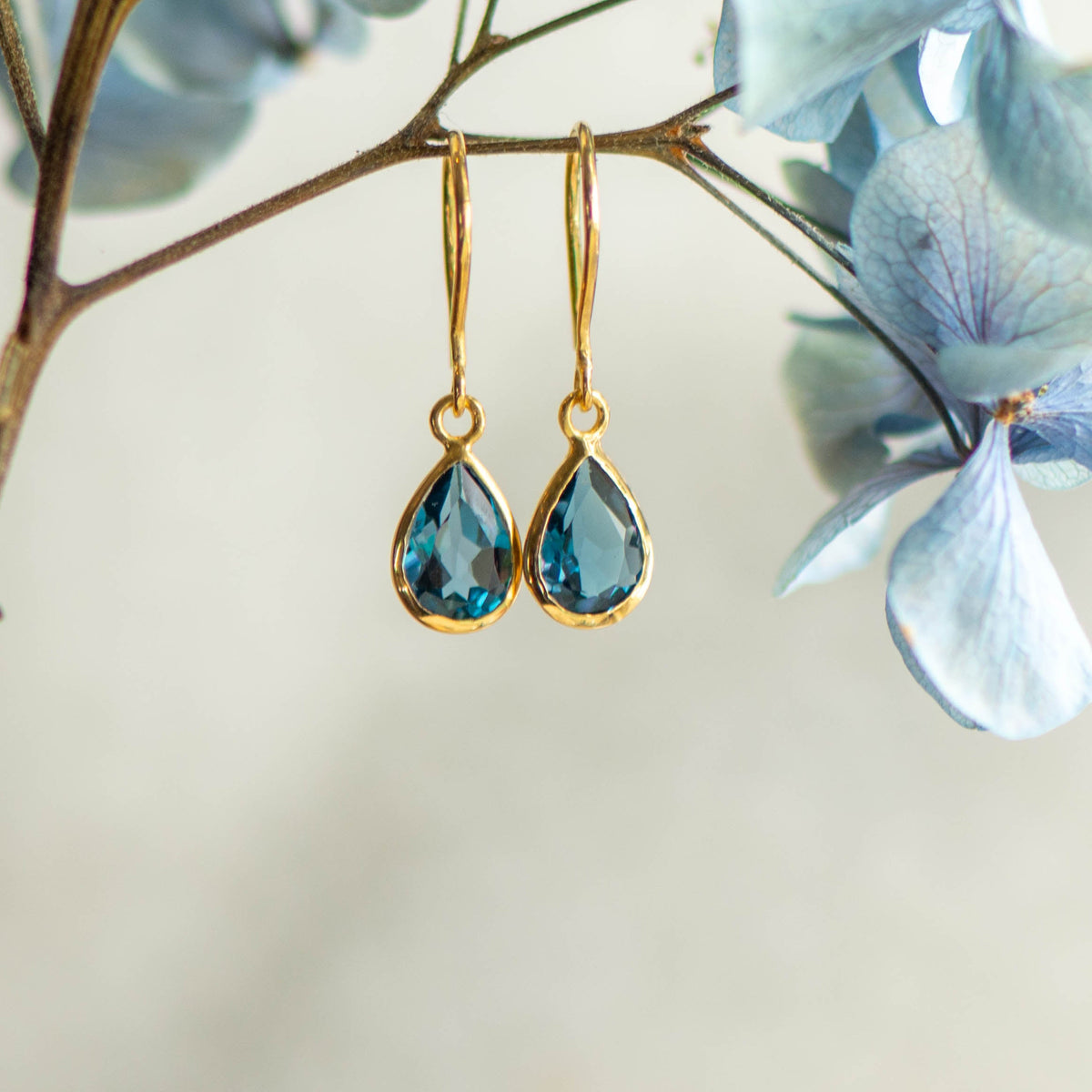 Tear Drop Earrings in  Gold with London Blue Topaz