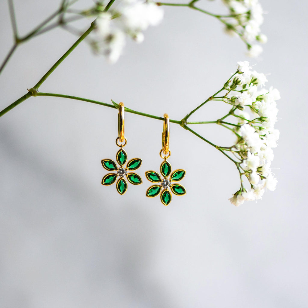 Floral Hoops in Emerald and White cubic Zirconia