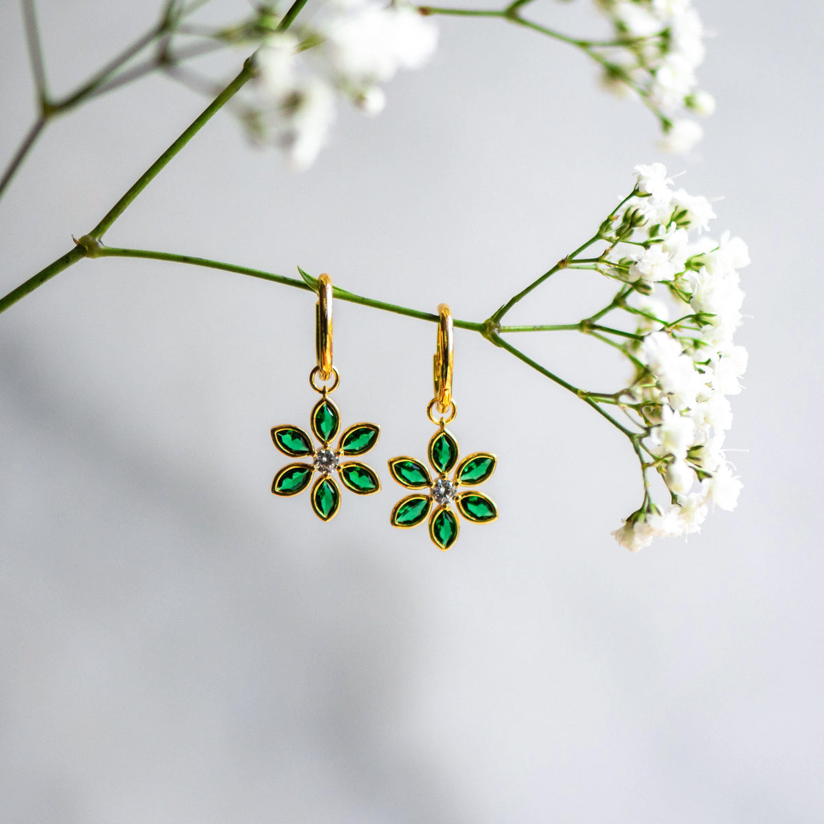 Floral Hoops in Emerald and White cubic Zirconia