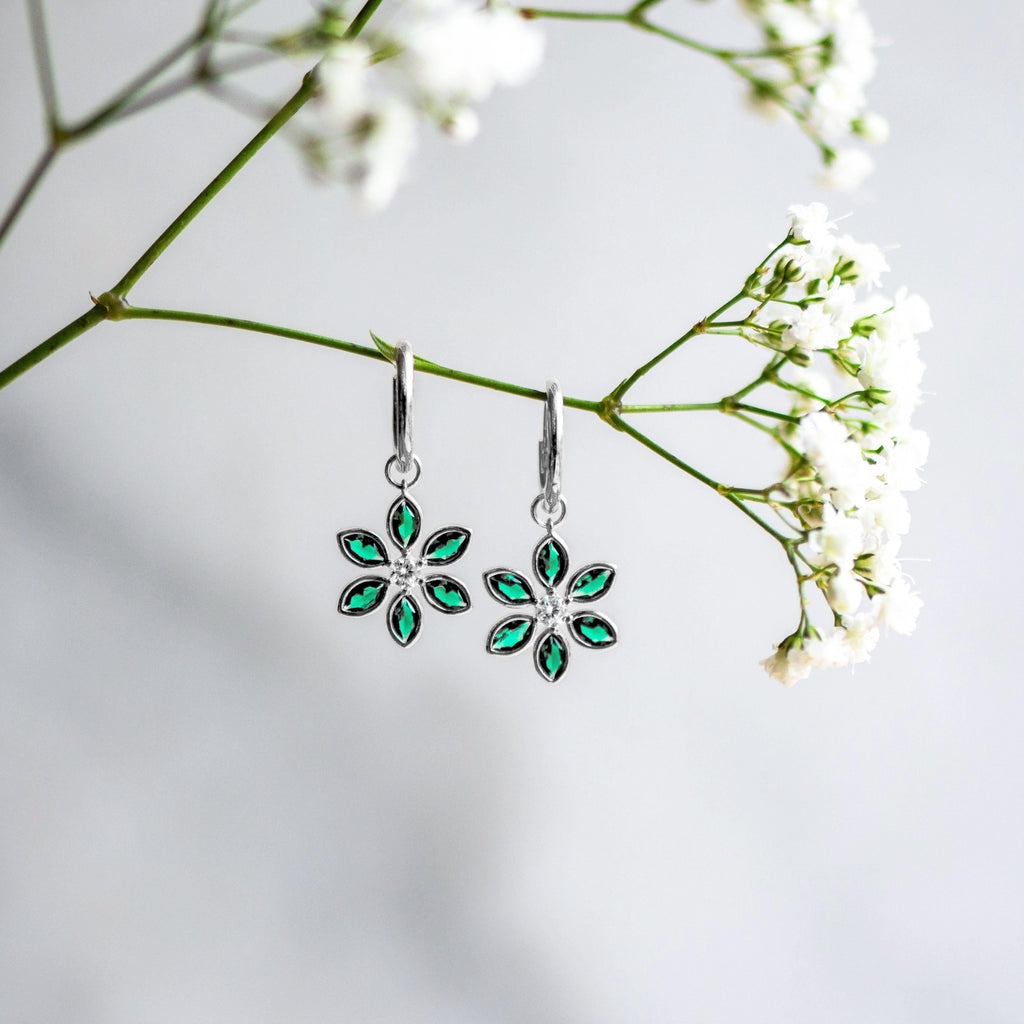 Floral Hoops in Emerald and White cubic Zirconia