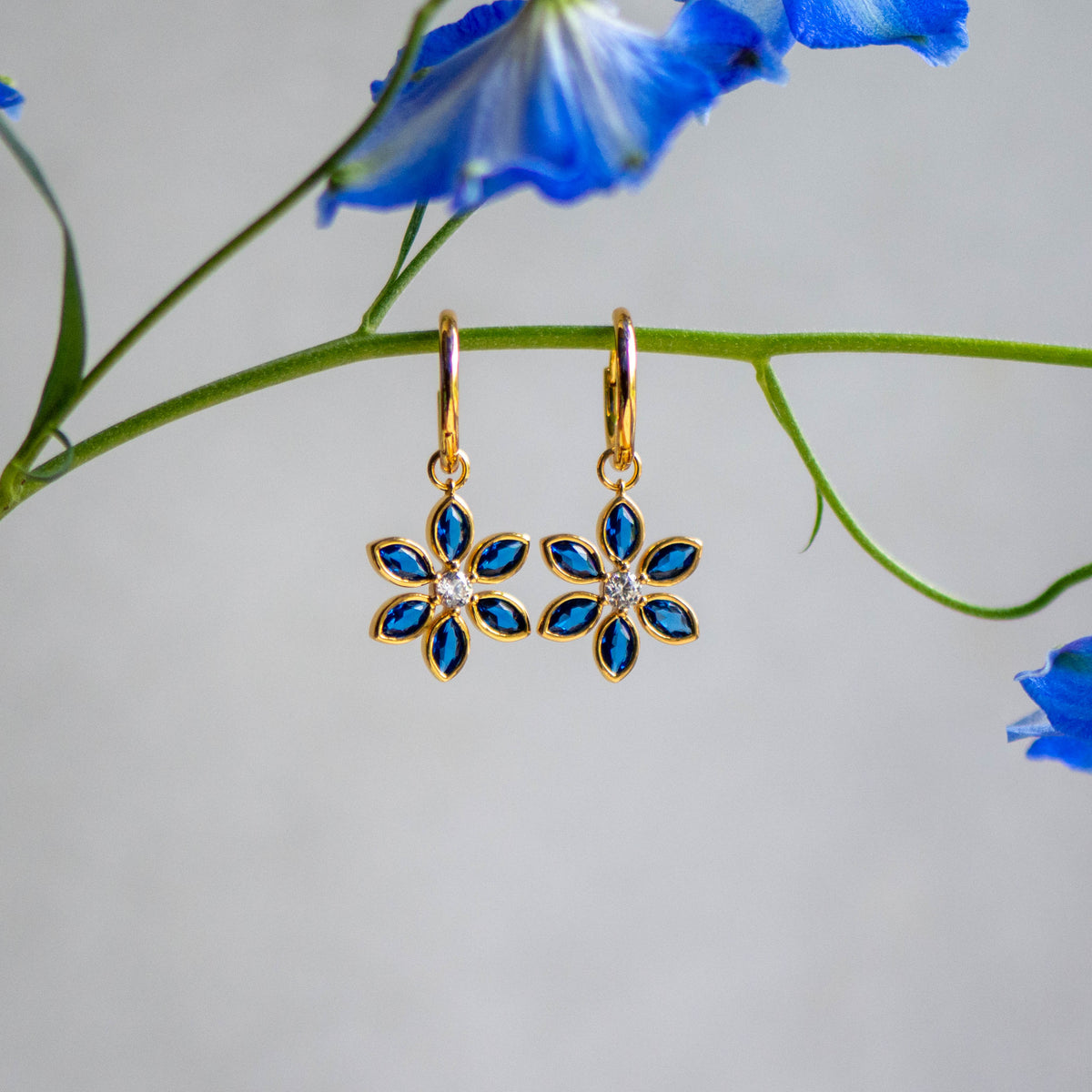 Floral Hoops in Sapphire and White cubic Zirconia