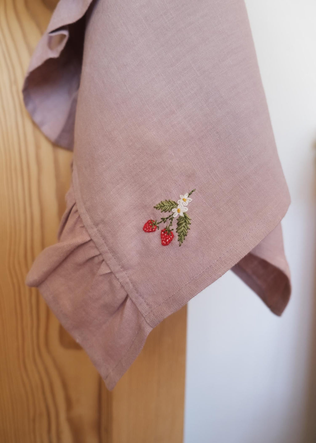 Strawberry linen ruffle tea towel