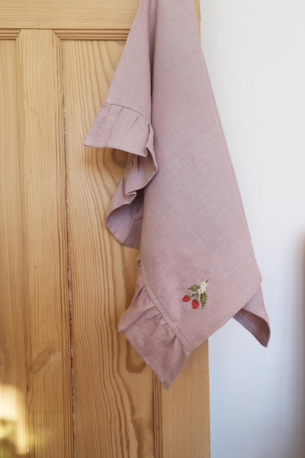 Strawberry linen ruffle tea towel
