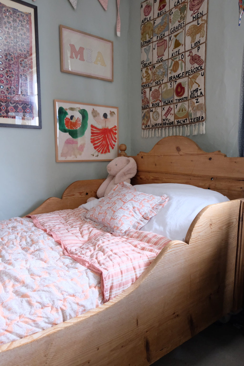 Organic Cotton Elephant Toddler Quilt – Peach Block Printed Reversible Cot Quilt