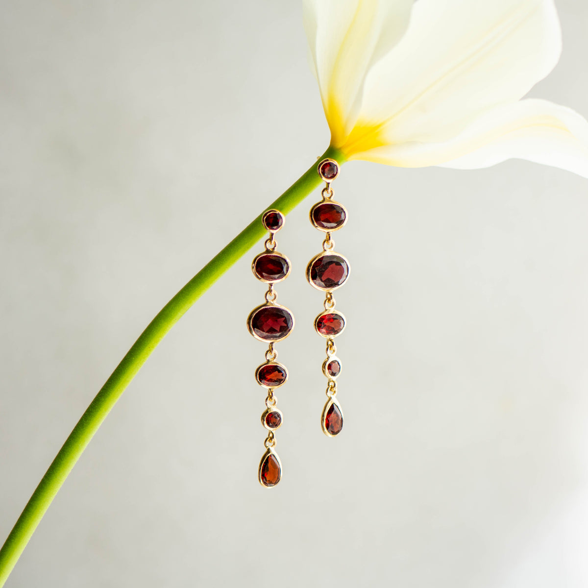 Stud Cascade Earrings in Gold with Garnet