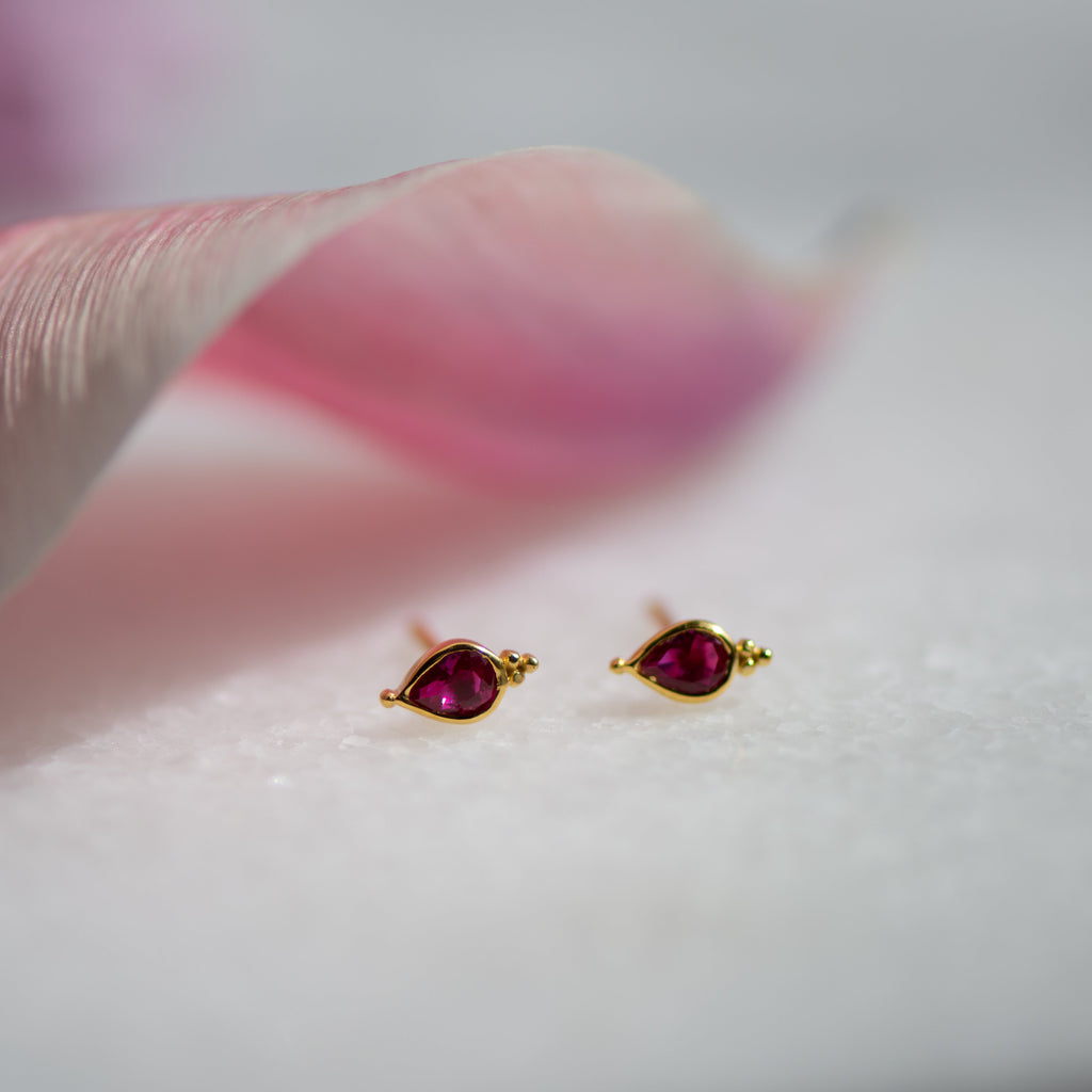 Pear Shaped Dudley Stud in Gold with Ruby Zirconia