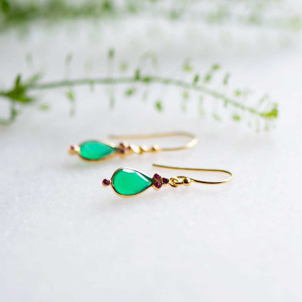 Juniper Drops in Green onyx  and Ruby zirconia