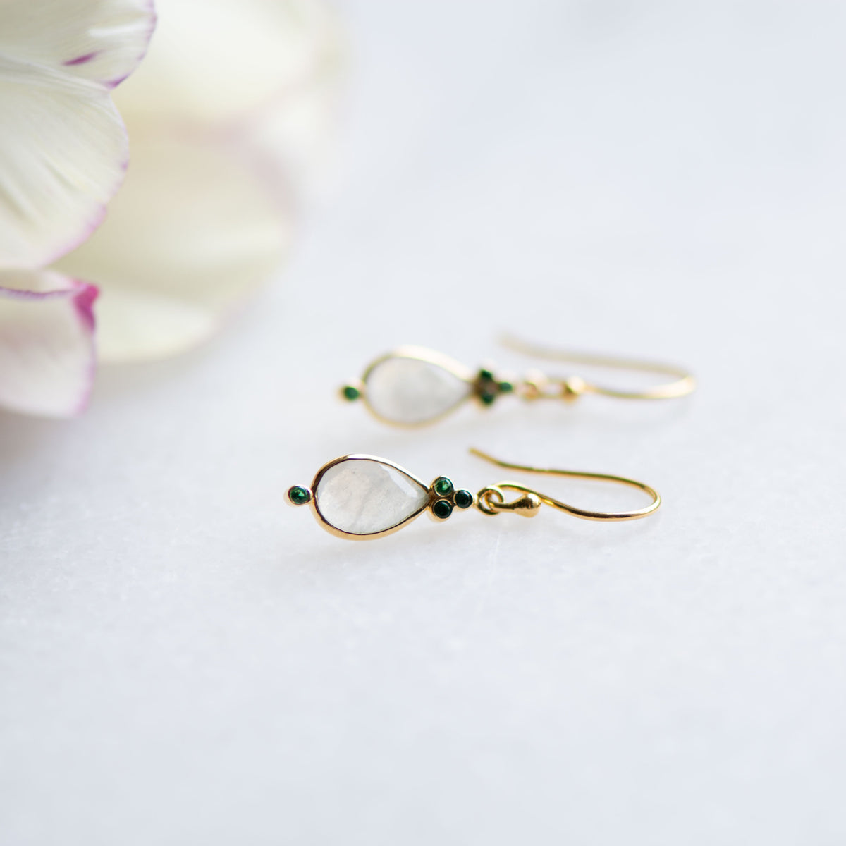 Juniper Drops in Moonstone and Emerald Zirconia