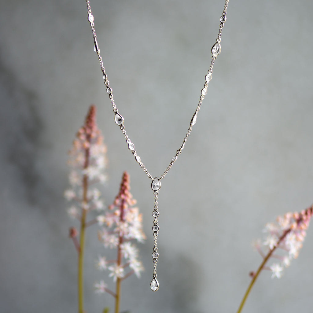 The Y Drop Necklace in Silver and Zirconia