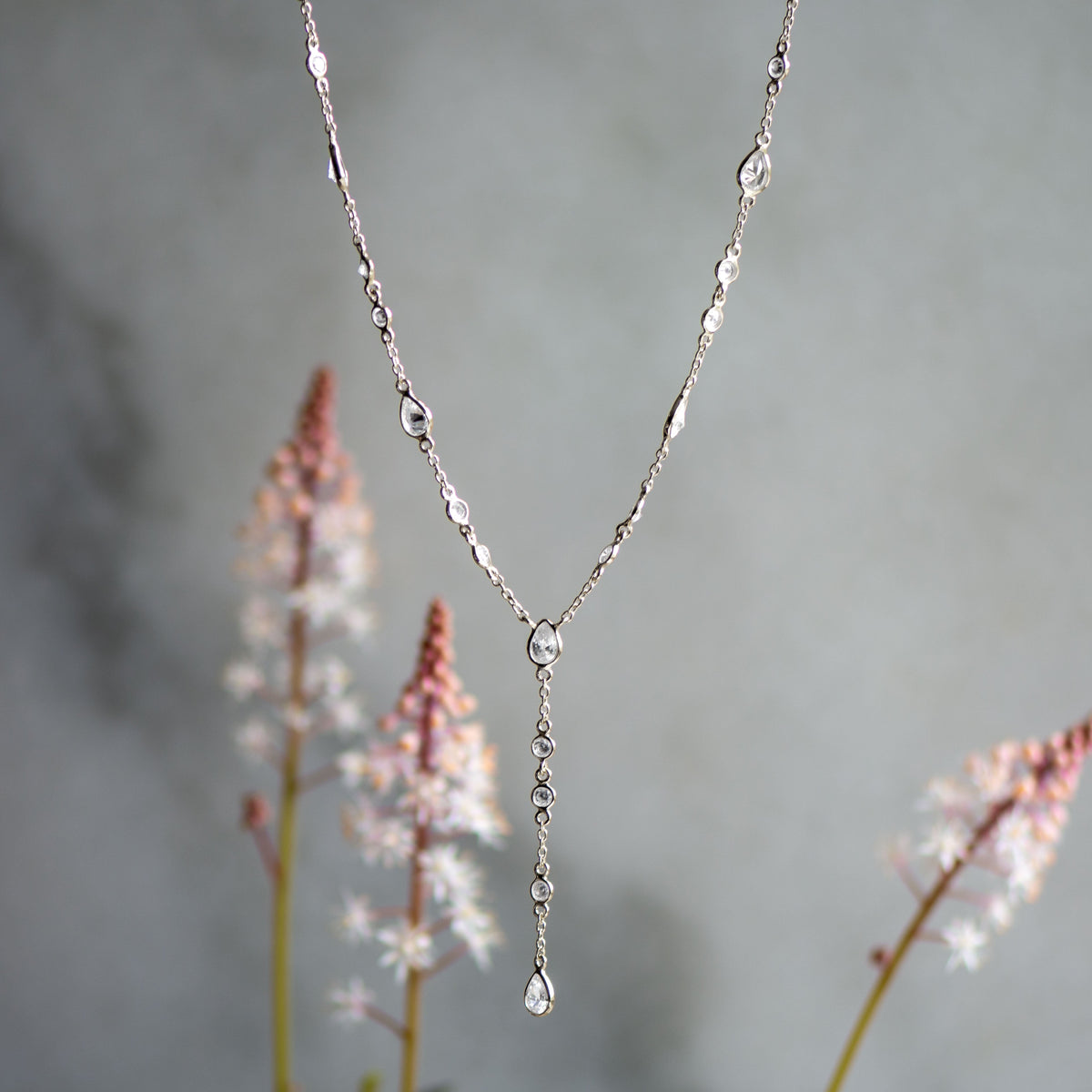 The Y Drop Necklace in Silver and Zirconia
