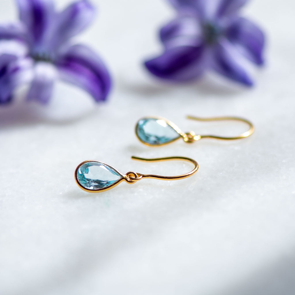 Tear Drop Earrings in Gold with Sky Blue Topaz