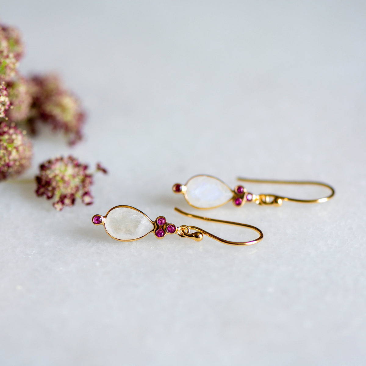 Juniper Drops in Moonstone and Ruby Zirconia