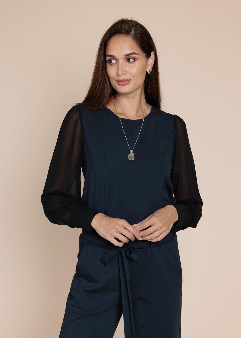DAPHNE sheer sleeve top, navy