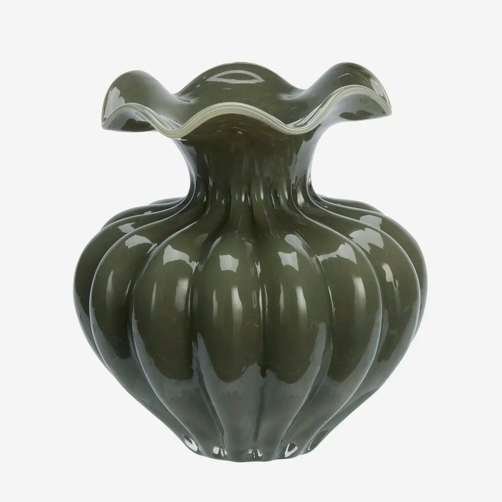 Dark Green Fluted Glass Vase | 24cm