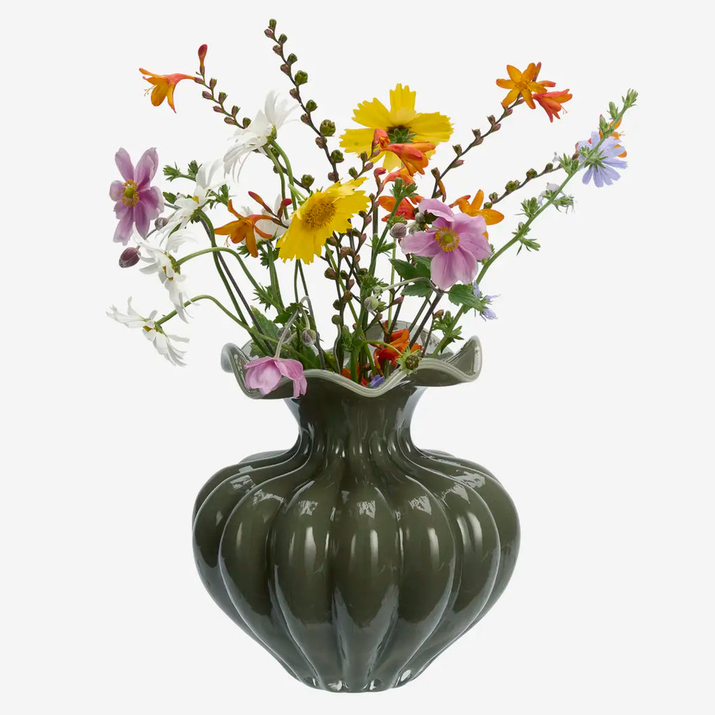 Dark Green Fluted Glass Vase | 24cm