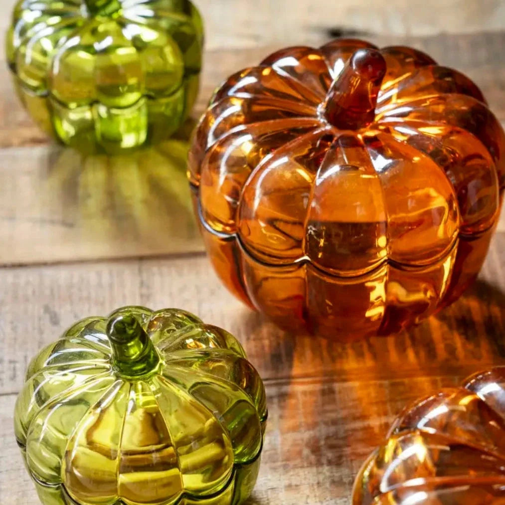 Decorative Autumnal Pumpkin Glass Trinket Dish W/Lid