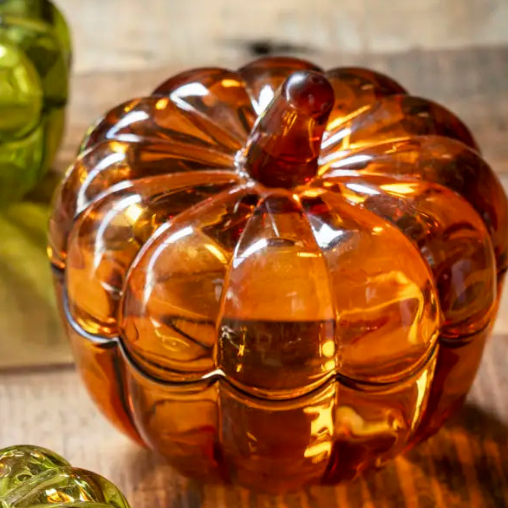 Decorative Autumnal Pumpkin Glass Trinket Dish W/Lid