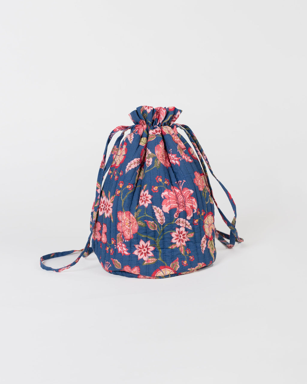 Drawstring Cotton Toiletry Bag for Travel - Navy & Pink Florals
