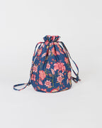 Drawstring Cotton Toiletry Bag for Travel - Navy & Pink Florals