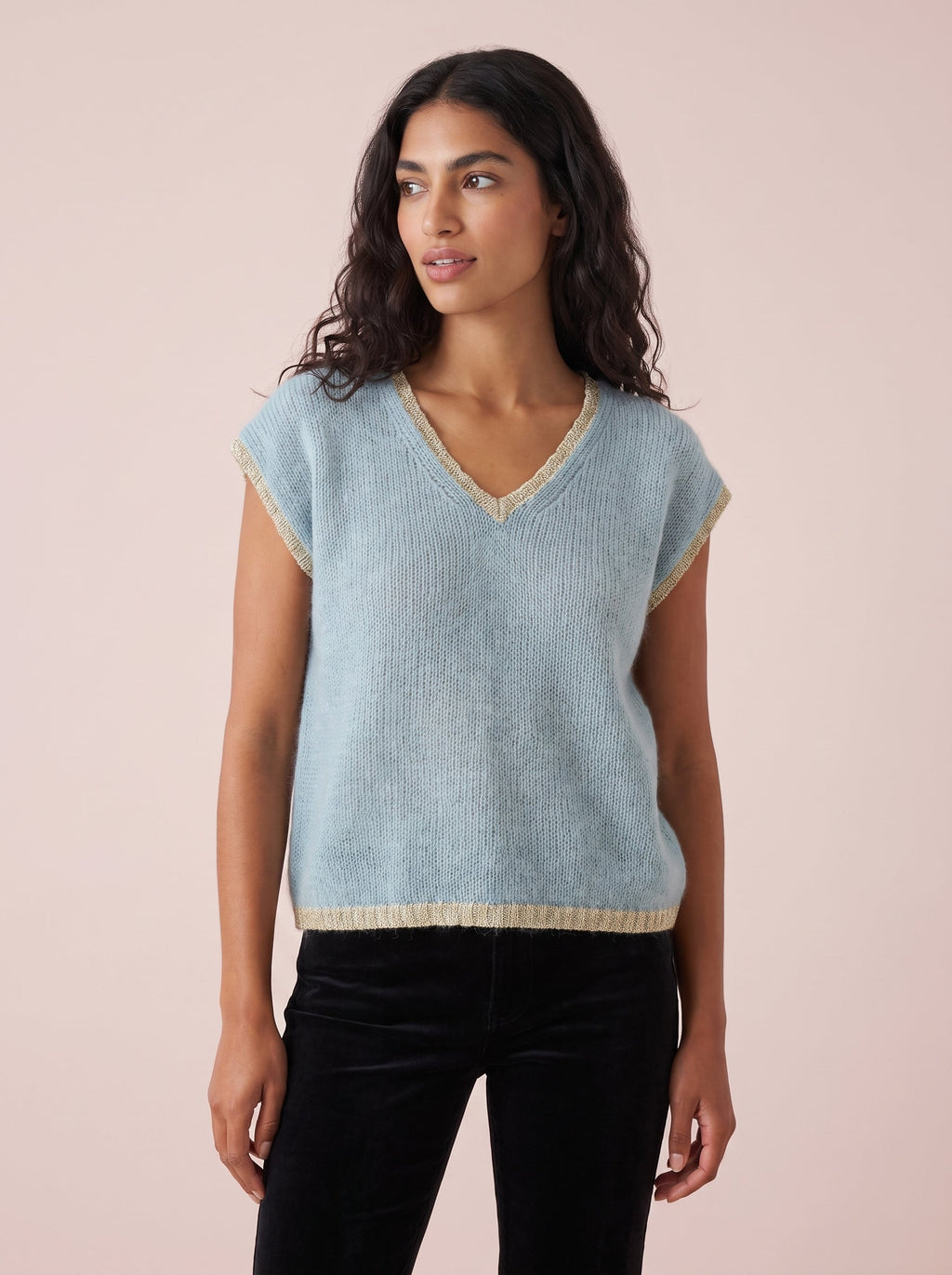 Maddie V-Neck Knitted Tank Top with Lurex Trim
