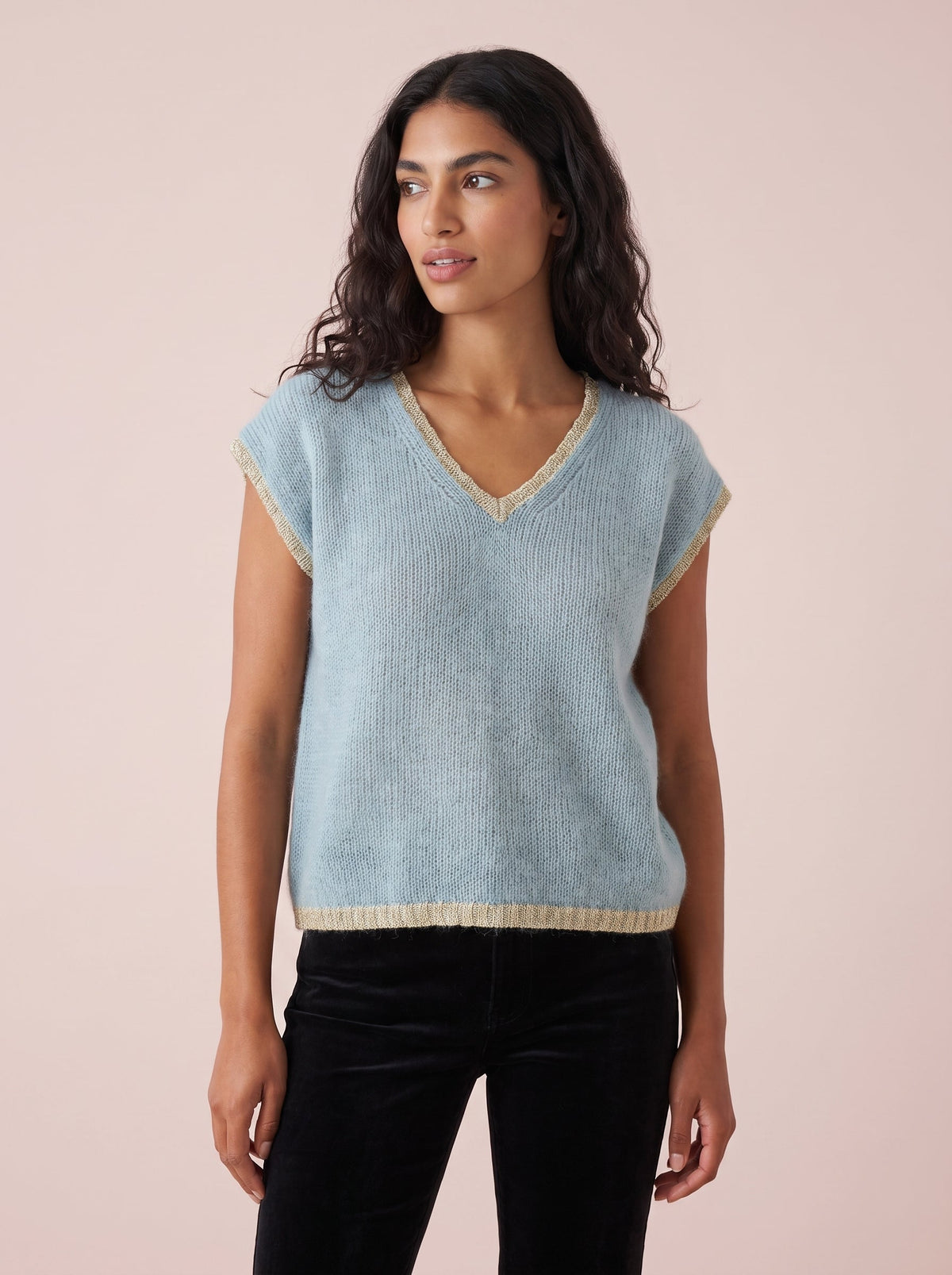 Maddie V-Neck Knitted Tank Top with Lurex Trim