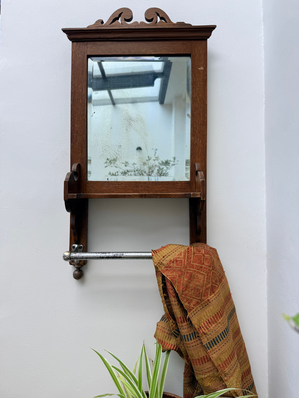 1920s French Oak Vanity or Shaving Mirror with Towel Rail
