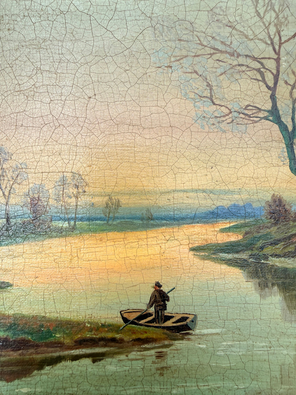 A Lake at Sunset: 19th Century Unframed Oil on Canvas
