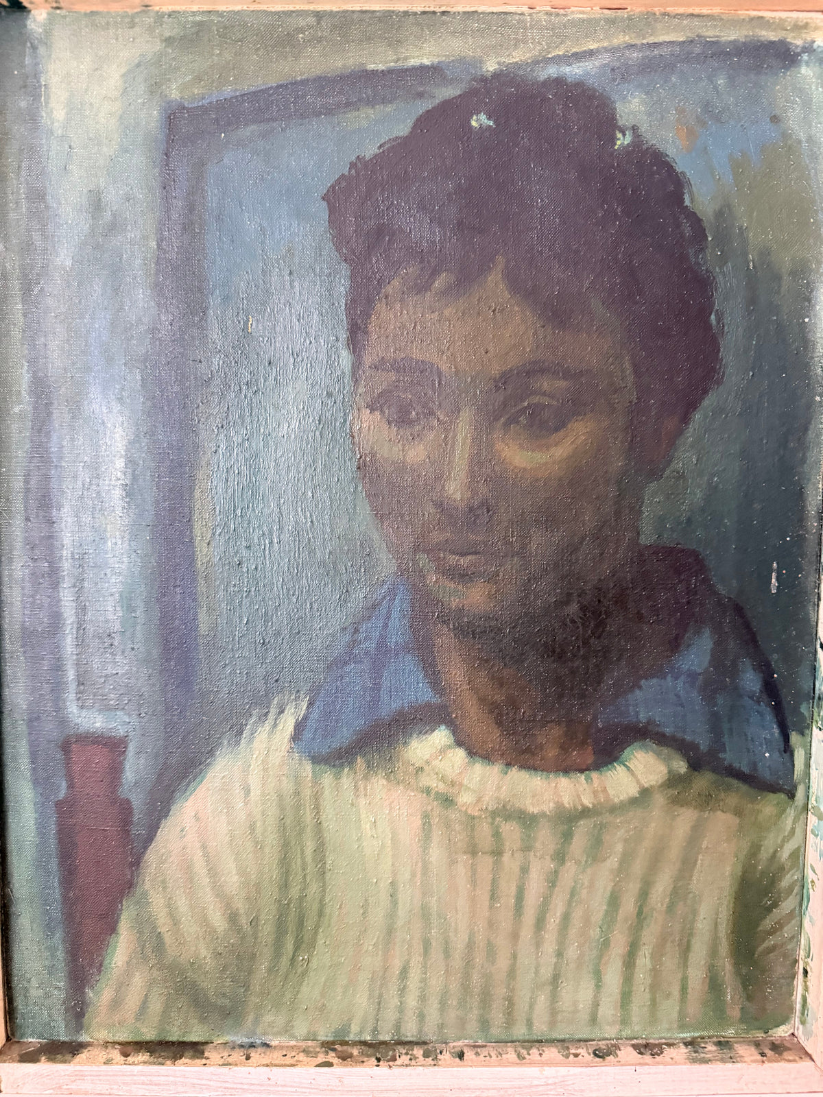 Midcentury Oil on Canvas: Portrait in Blue