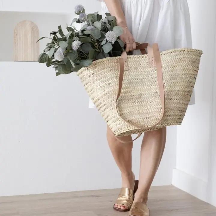 Handwoven Straw Market Bag with Long & Short Leather Handles