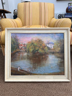 Feeding the Ducks: Mid 20th Century Signed Oil on Board