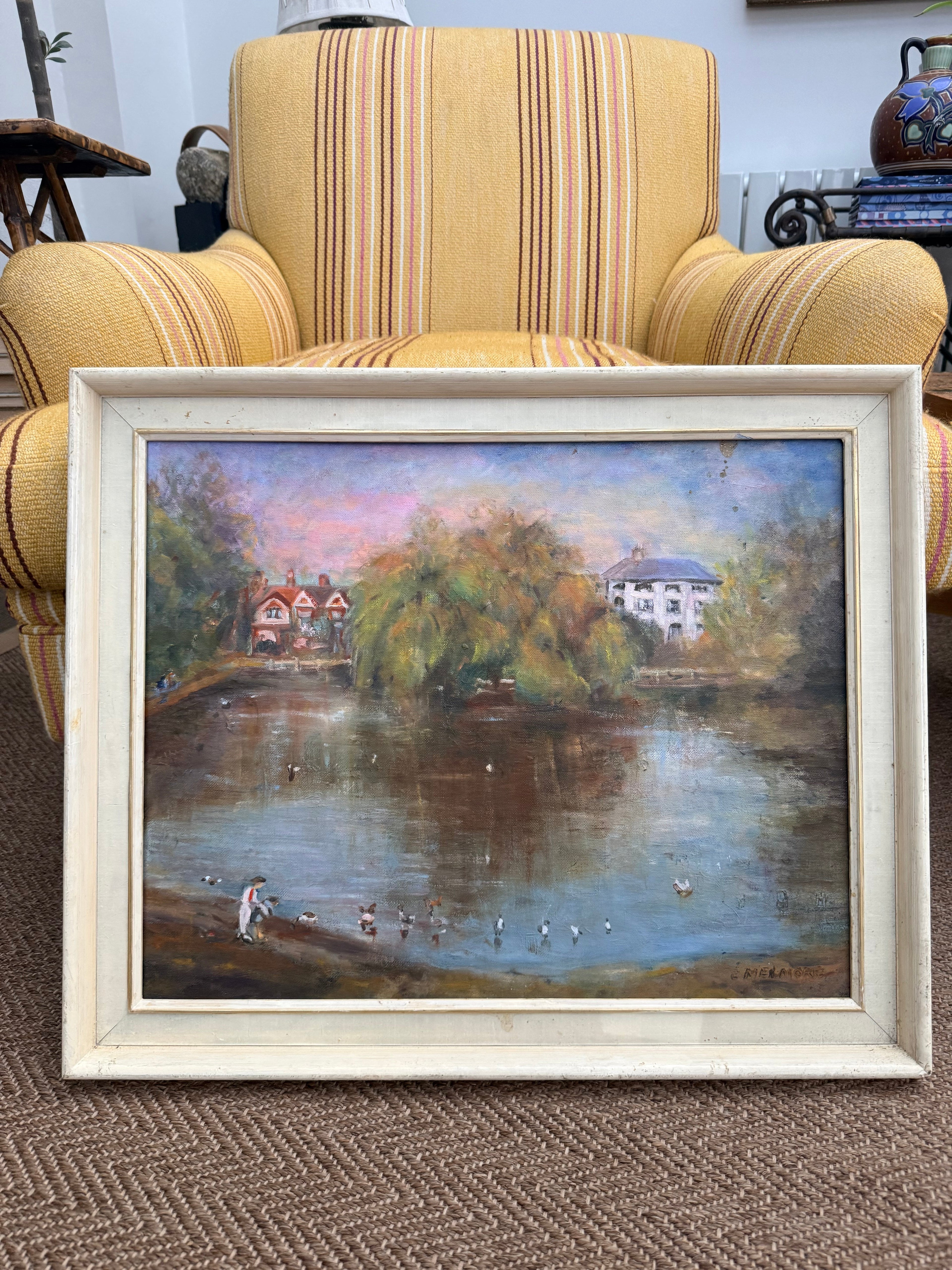 Feeding the Ducks: Mid 20th Century Signed Oil on Board