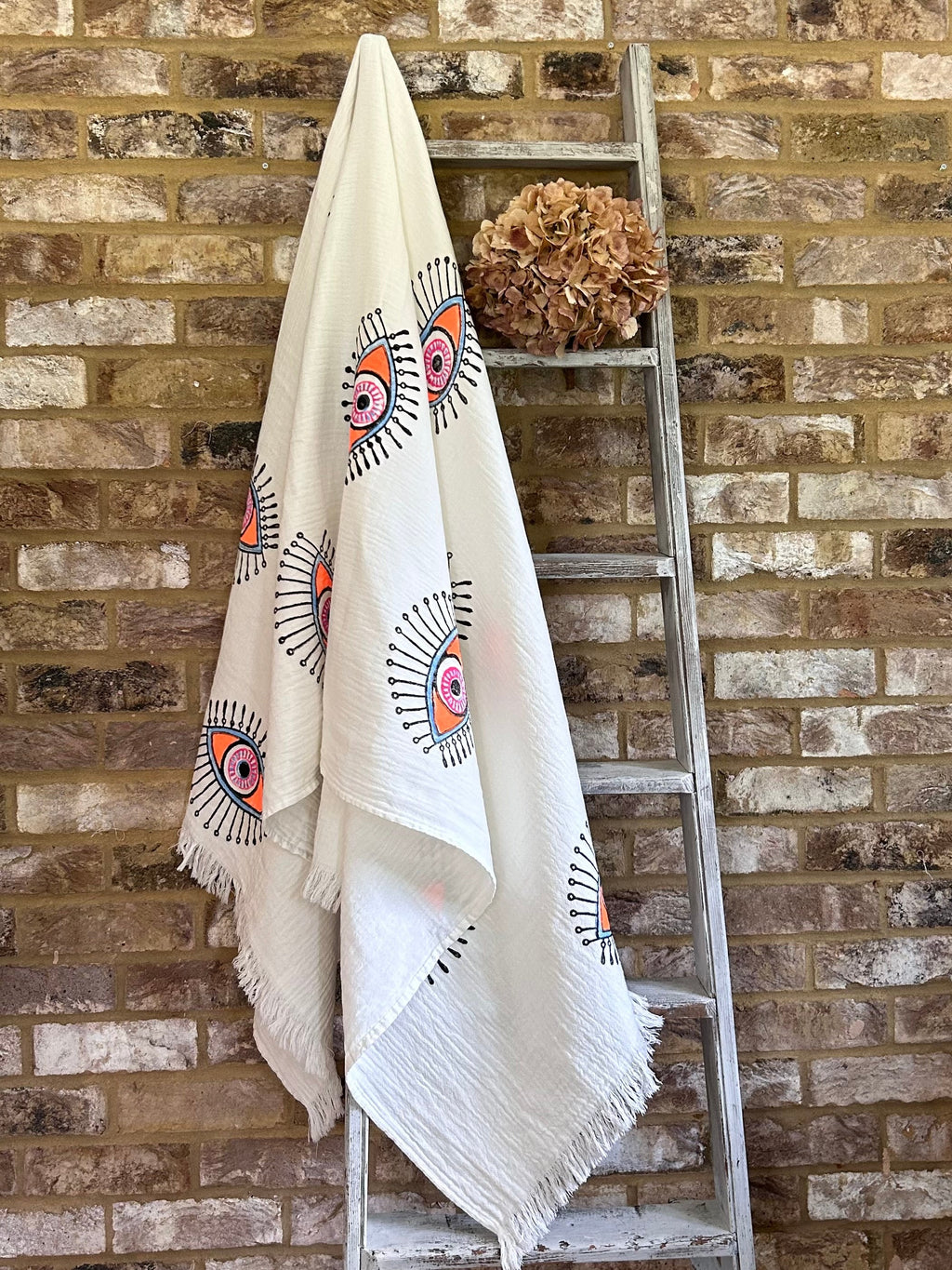 White with Orange Eye Organic Cotton Peshtemal Towel