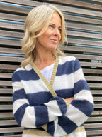 Elizabeth Long Striped Cardigan - Navy and Ivory with Gold Lurex Trim