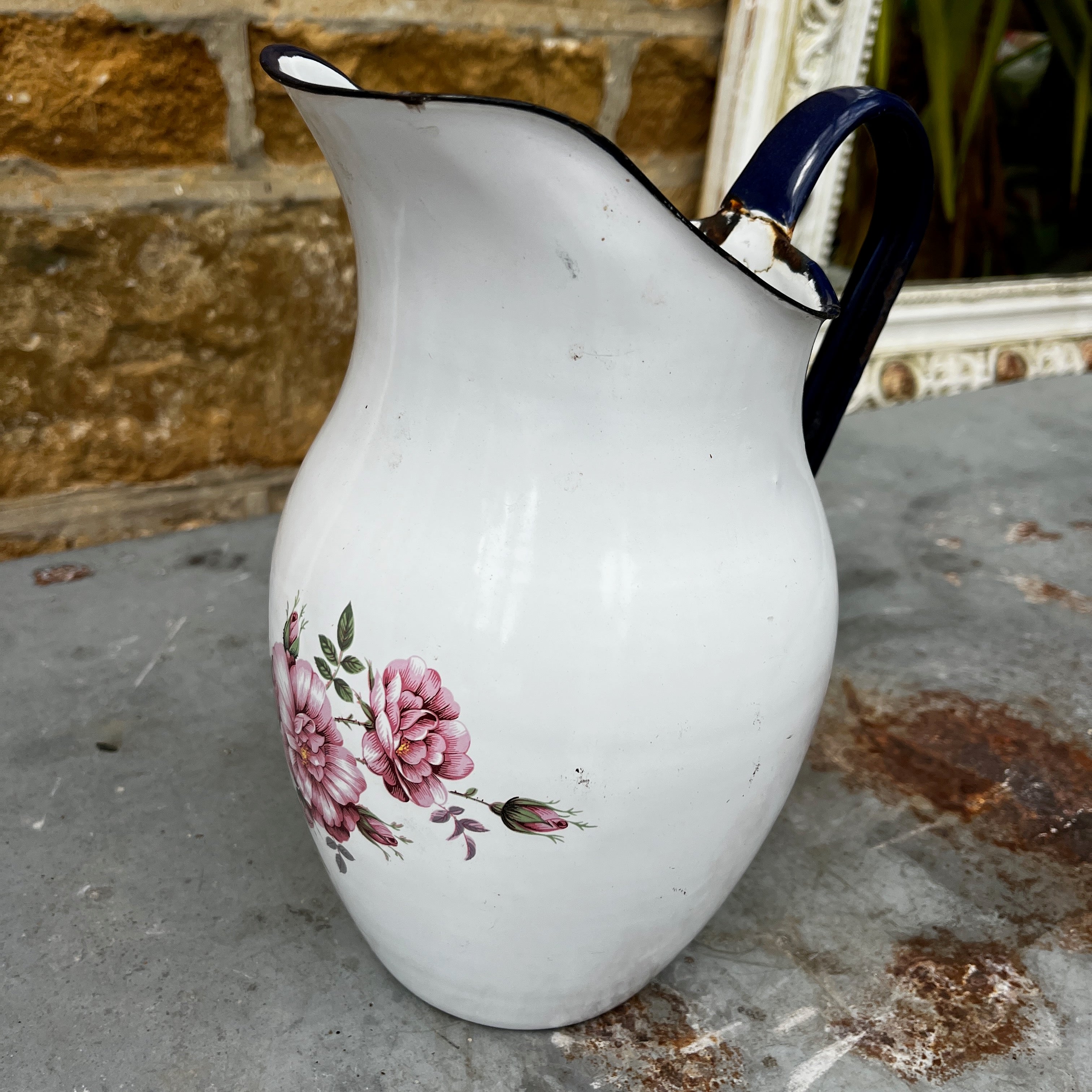 Vintage Enamel Jug with Floral Detail