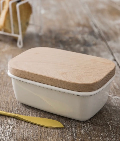 Enamel and Beech Wood Butter Dish