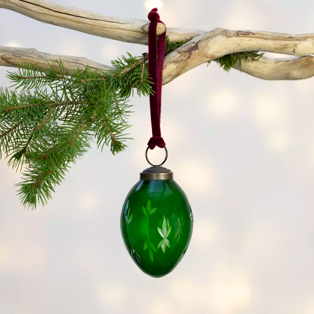 Etched Oval Or Round Green Glass Bauble | 8cm or 5cm