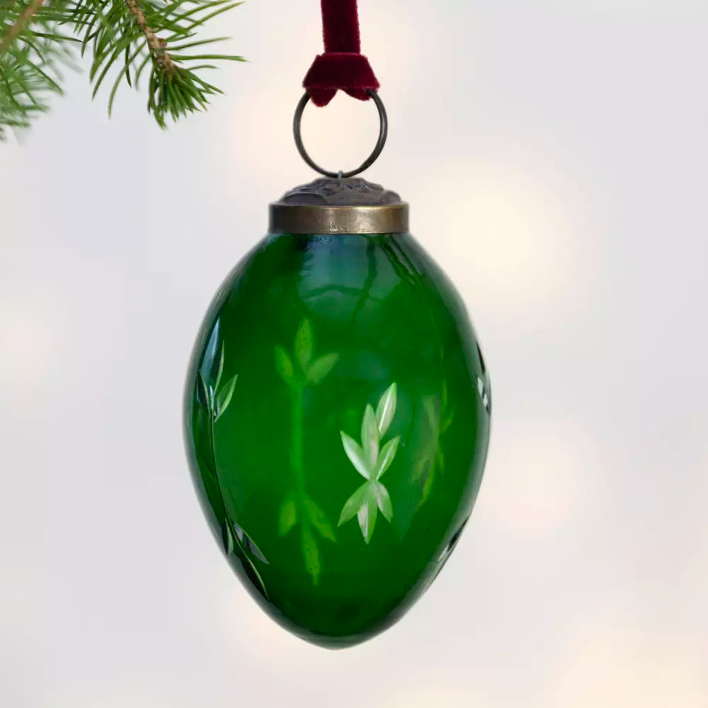Etched Oval Or Round Green Glass Bauble | 8cm or 5cm