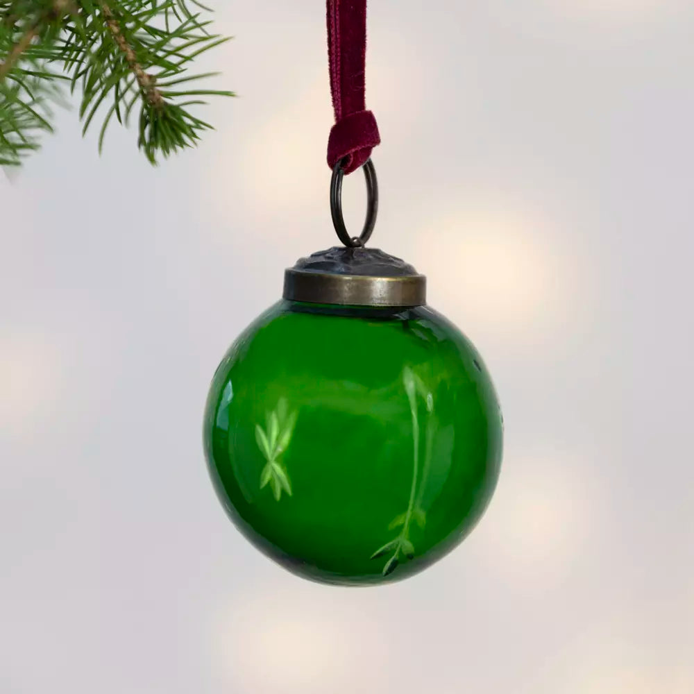 Etched Oval Or Round Green Glass Bauble | 8cm or 5cm