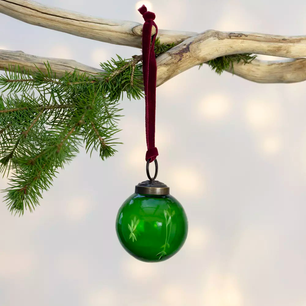 Etched Oval Or Round Green Glass Bauble | 8cm or 5cm