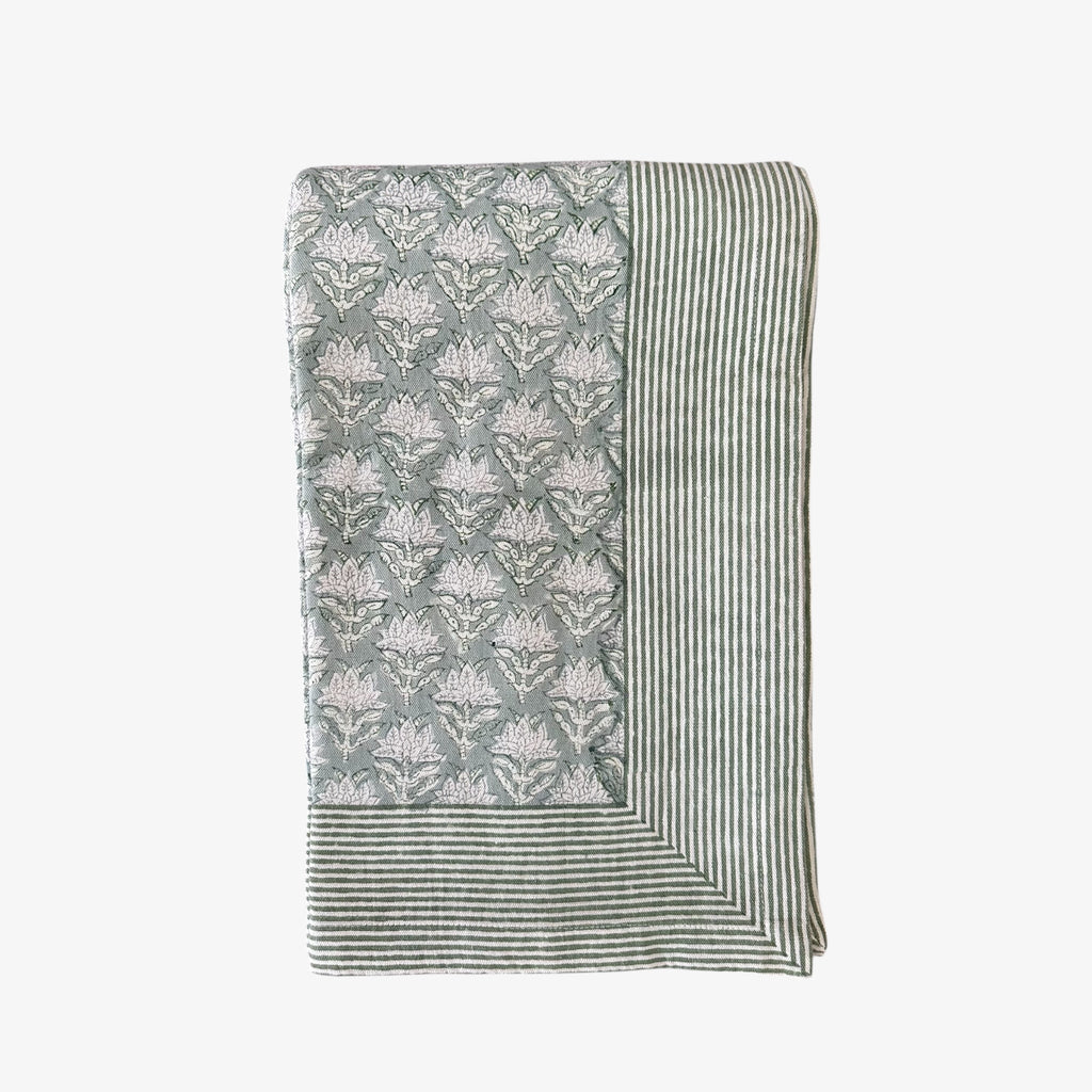 Extra Large Dusky Green Floral Cotton Tablecloth