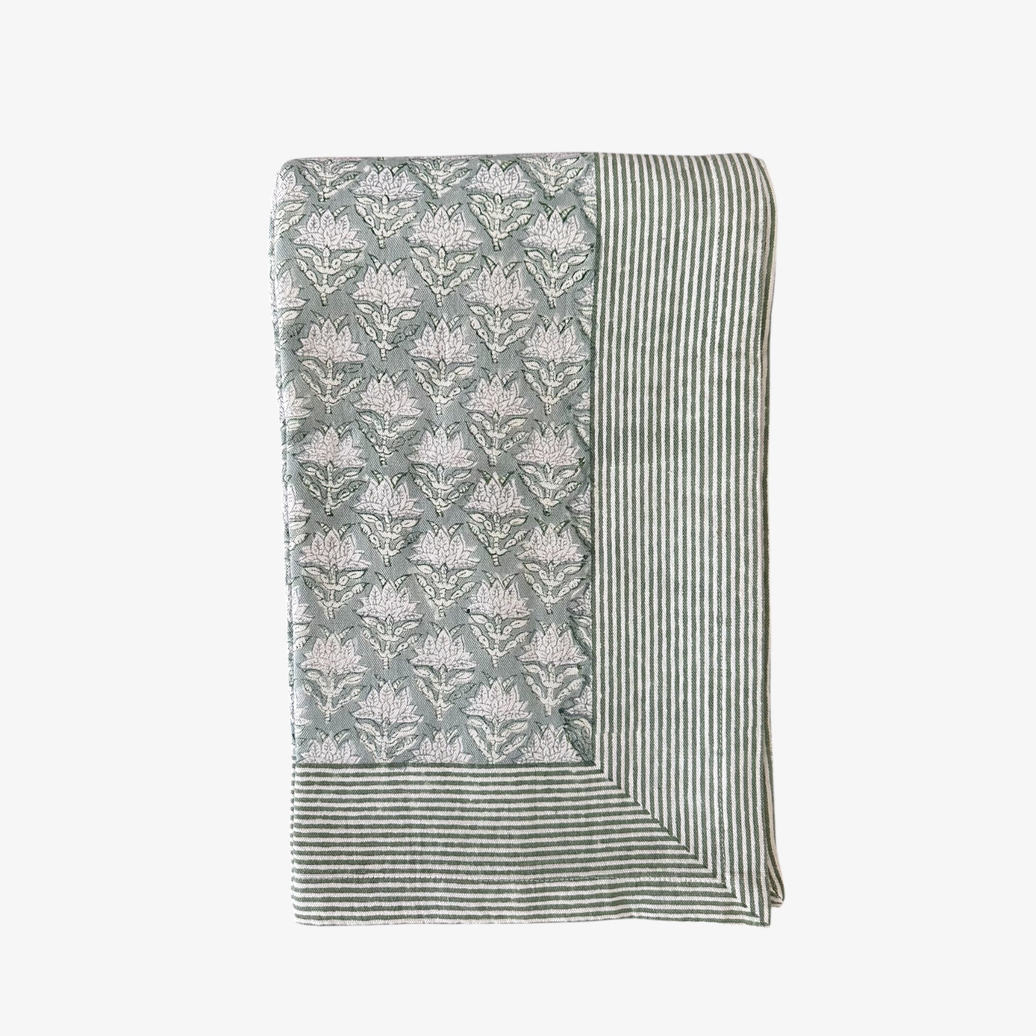 Extra Large Dusky Green Floral Cotton Tablecloth