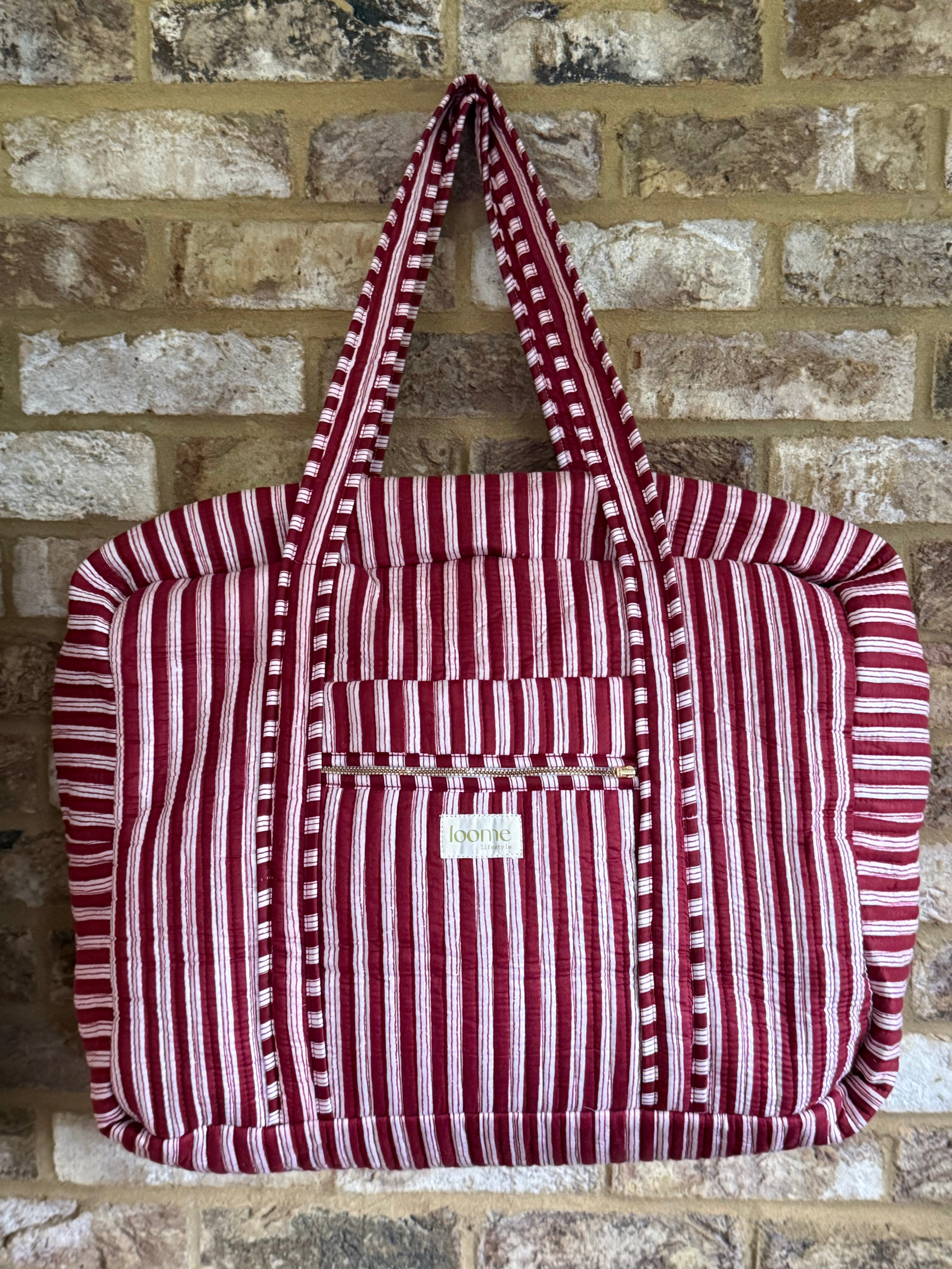 Quilted Weekender Bag - Burgundy Stripe