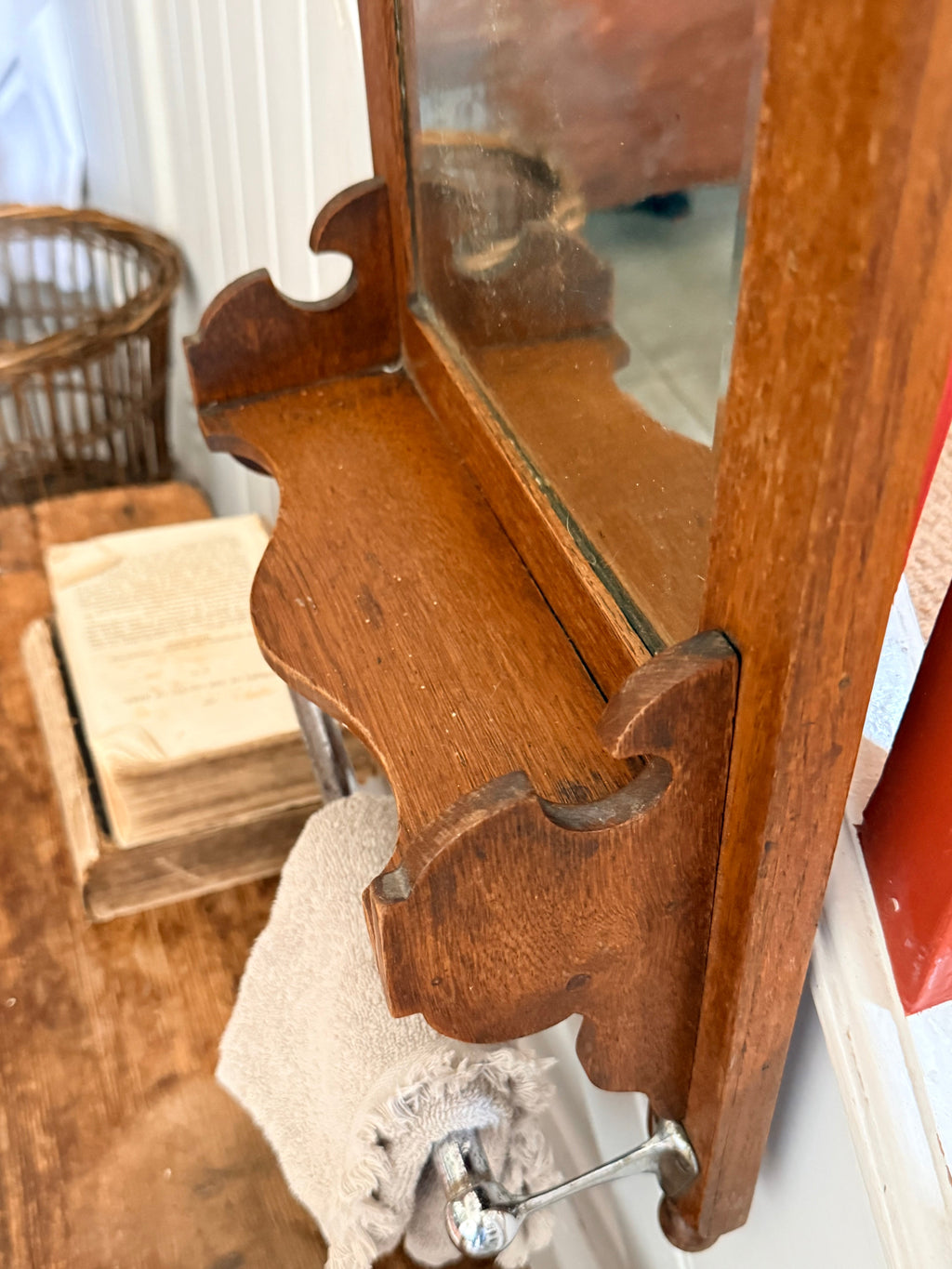 1920s French Oak Vanity or Shaving Mirror with Towel Rail