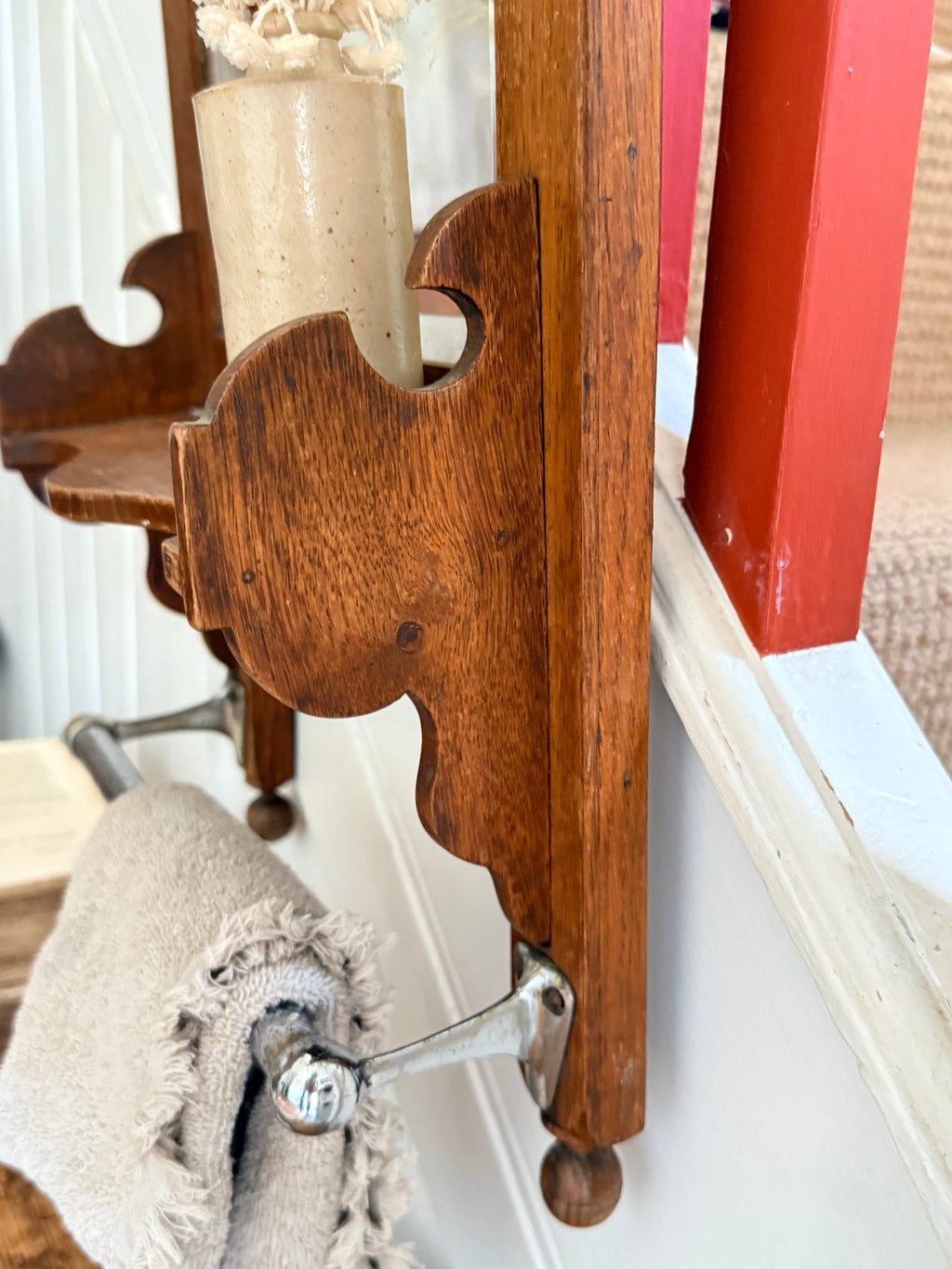 1920s French Oak Vanity or Shaving Mirror with Towel Rail