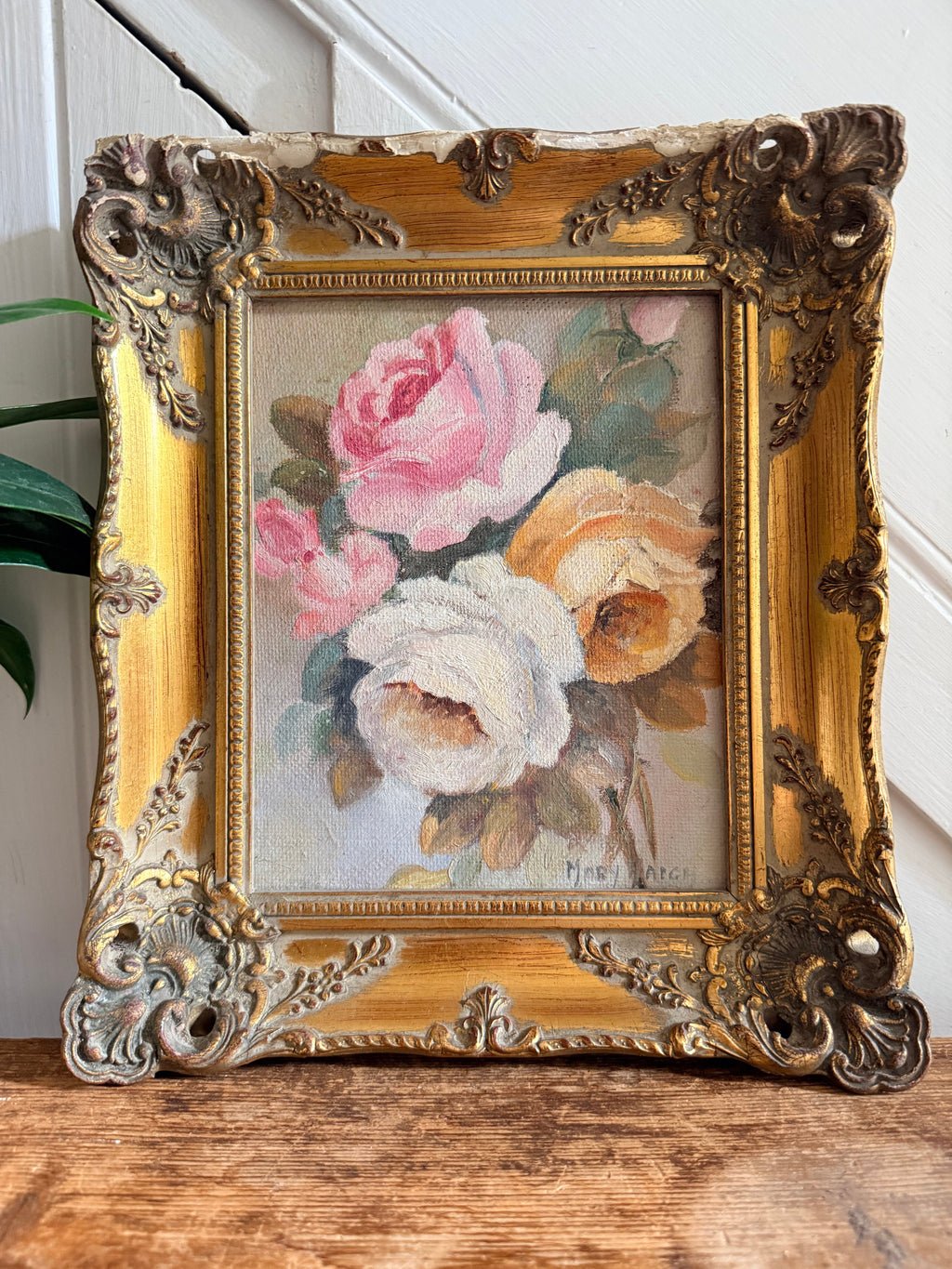 Roses: 1930s Double-Sided Painting with Blossom Trees on the Reverse and Original Gilt Frame